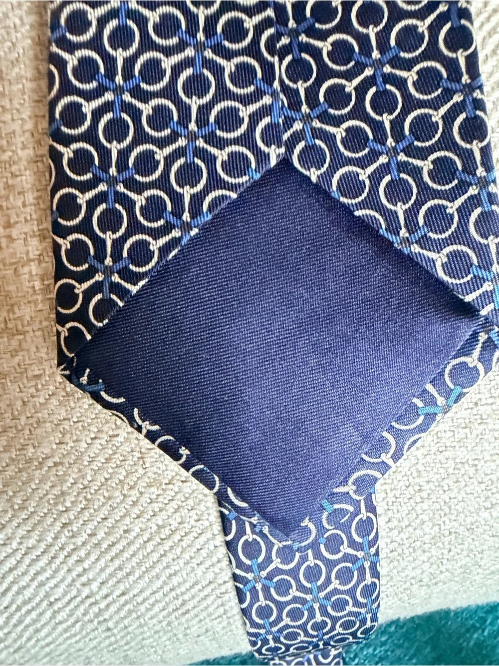 Hermes Navy Silk Tie with Interlocking Ring Pattern AUTHENTIC